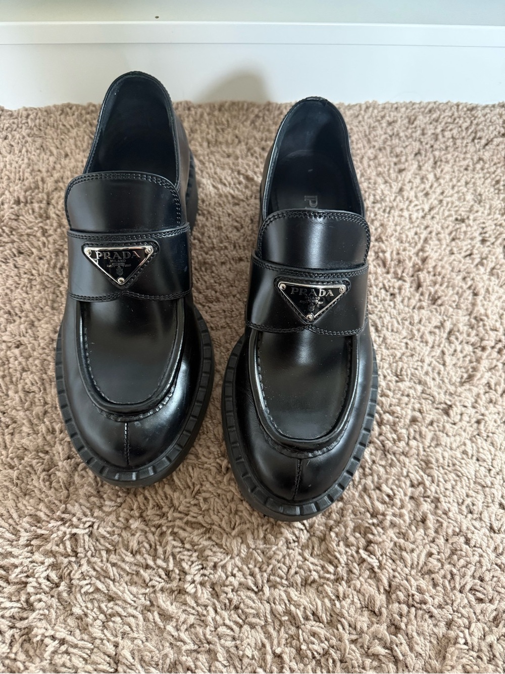 Prada Black Leather Penny Loafers with Triangle Logo 36.5